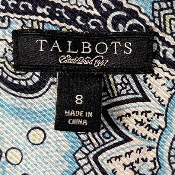 Talbots Paisley Silk Blouse Sz 8 Long Sleeve Turquoise Blue Retro V-Neck Collar - Picture 4 of 11